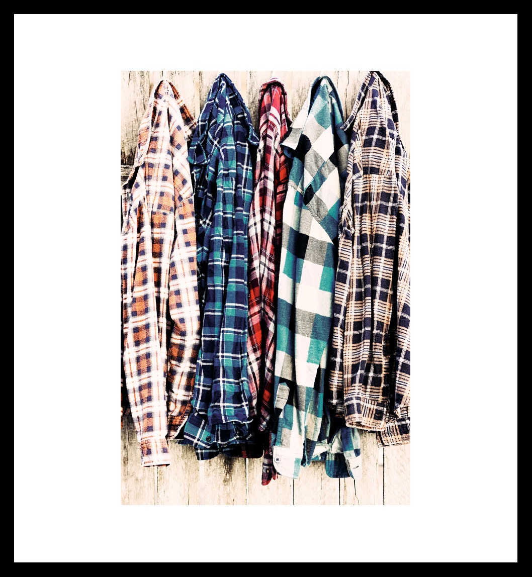 Still Life Photo 8 x 12 Print. Flannos, Flanelette Shirts, Male, Fathers Day Photo, Hanging Checked Shirts, Red, Brown, Blue