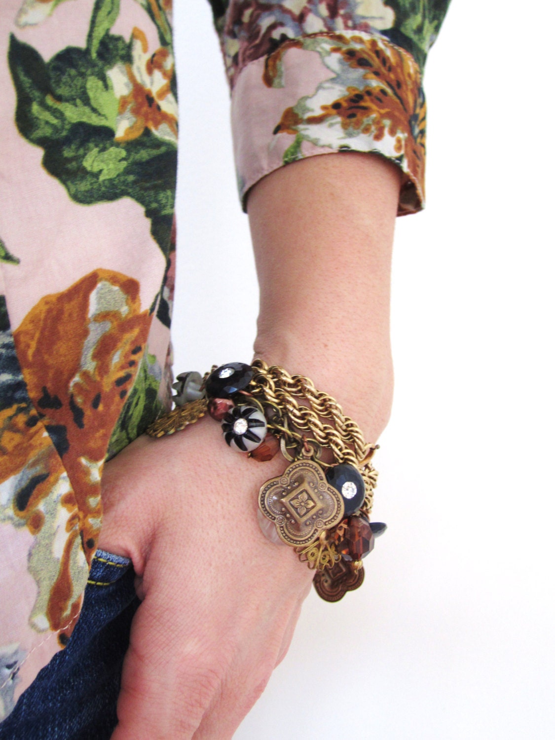 Charm bracelet, vintage charm bracelet, vintage button bracelet, statement bracelet, pearls, buttons, by nicobel