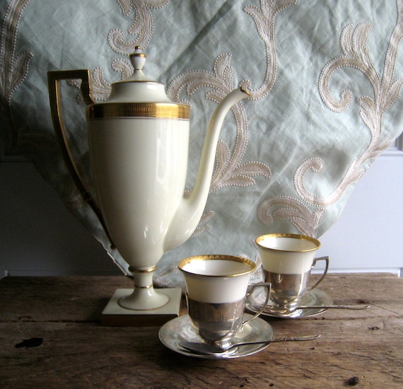 Pair of Art Deco Sterling Silver and Porcelain 1930's Espresso /Coffee Cups