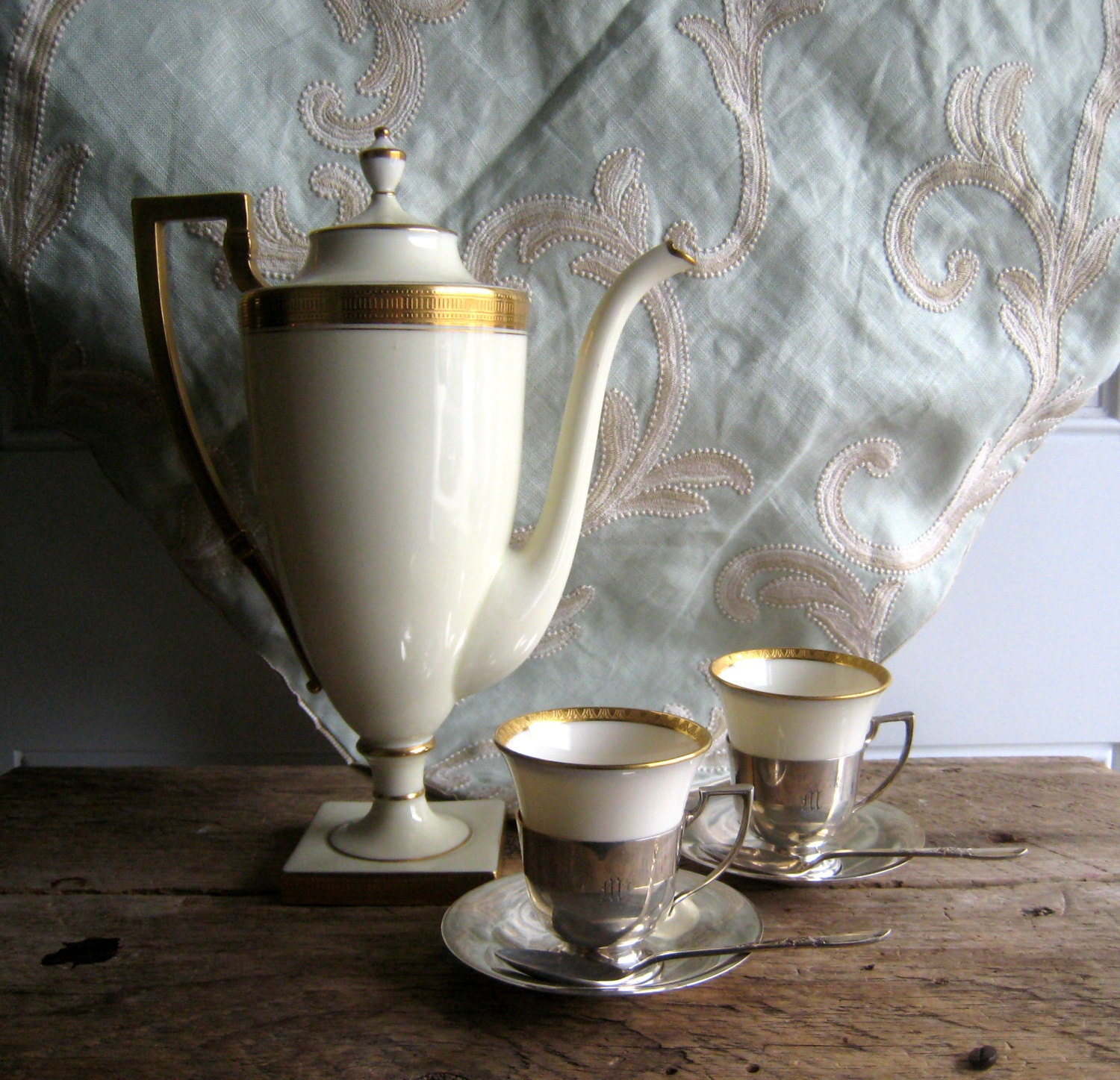 Pair of Art Deco Sterling Silver and Porcelain 1930's Espresso /Coffee Cups