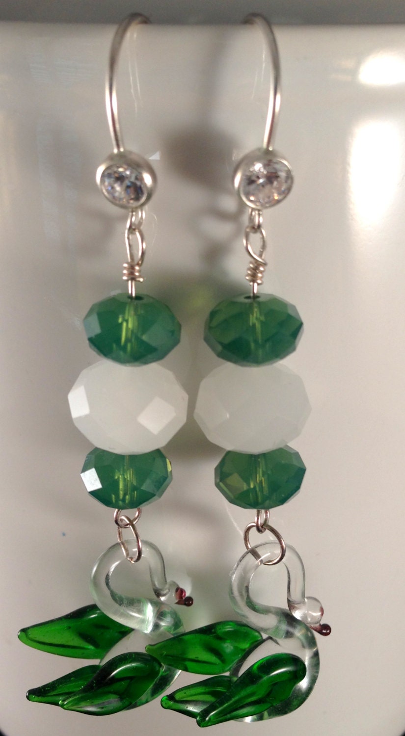 Vintage Murano Swan earrings - green & white Swarovski Crystals - Sterling Silver drop style earwires - hand blown swans - Cubic Zirconia CZ