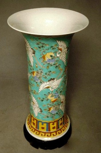 RESERVED / 16" Cylinder Flower Vase / Landscape and Crane Famille Rose Vase / 20th Century Adaptation /  Chinese / Home Decor / eb90
