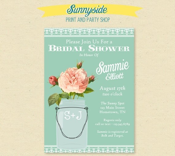 Peach & Mint - Bridal Shower Invitation - Pretty Lace Mason Jar Printable Invite Il_570xn