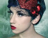 the Heartbreaker - red heart shaped cocktail hat with flowers and veil