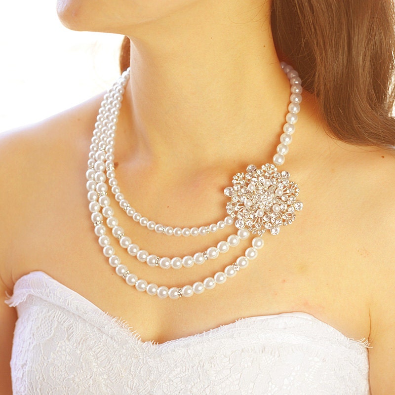 CATERINE, Vintage Style Bridal Necklace, SWAROVSKI Crystal and Pearl Necklace, Flower Bouquet Bridal Necklace, White, Ivory, Bridal Jewelry