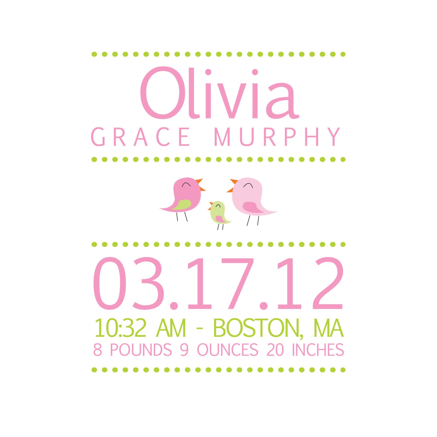 Personalized Childrens Custom Birth Announcement Print, Kids Wall Art, Subway Art, Nursery Decor, Birth Stats Print, Baby Name Art, birdies