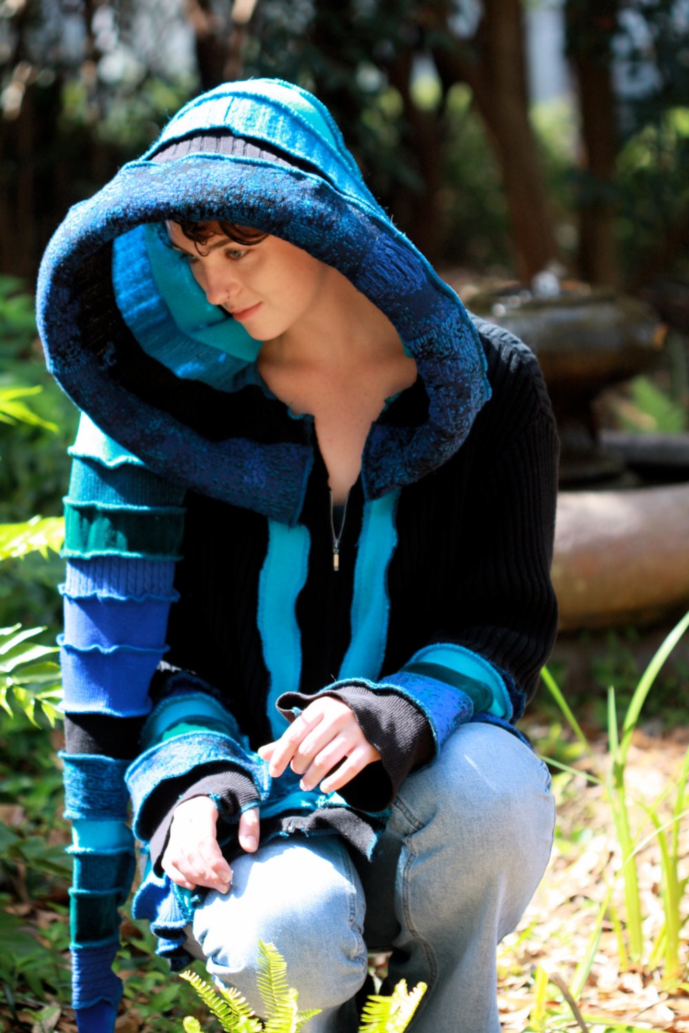 Ready Now Recycled Sweater Coat Hoodie.  Guy .Unisex  upcycled fairy Elf  Large Hippie Grateful Dead Furthur
