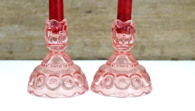 Vintage Depression Glass Style Pink Candle Stick Holders