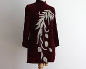 Tunic Velvet Wine Top Dress Slit Red Burgundy - Women's S M - 1980s VINTAGE