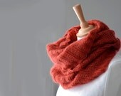 Knitted silk and mohair cowl, snood in orange rust colour