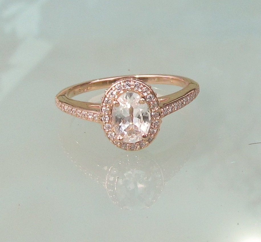 White Sapphire 14k Rose Gold Diamond Halo Engagement Ring September Birthstone Genuine Gemstone Engagement Ring