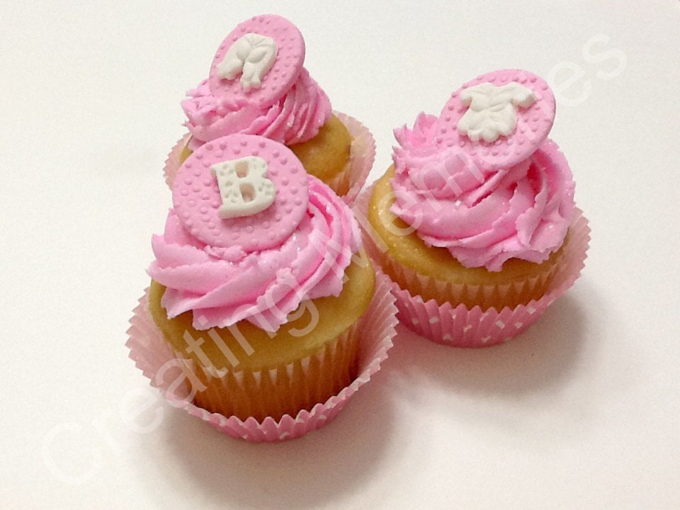 24 Fondant Cupcake Toppers Baby Cloths and Letters Design Mix