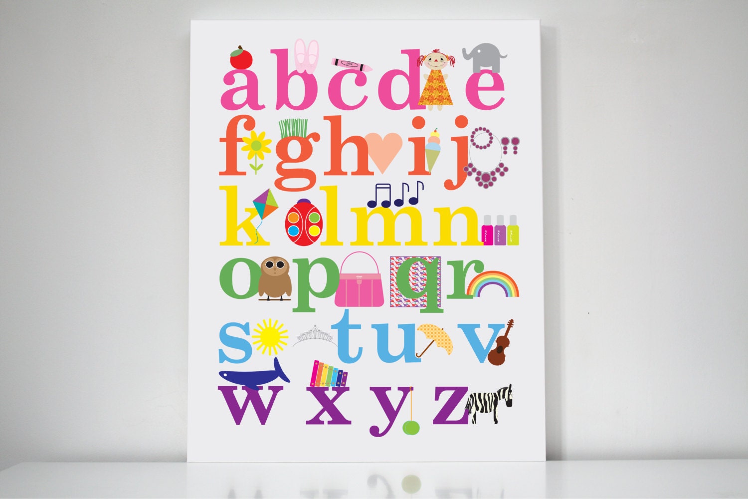 Childrens Art Alphabet Poster Girls Wall Art Canvas Personalized 24x30 "The Alphabet"