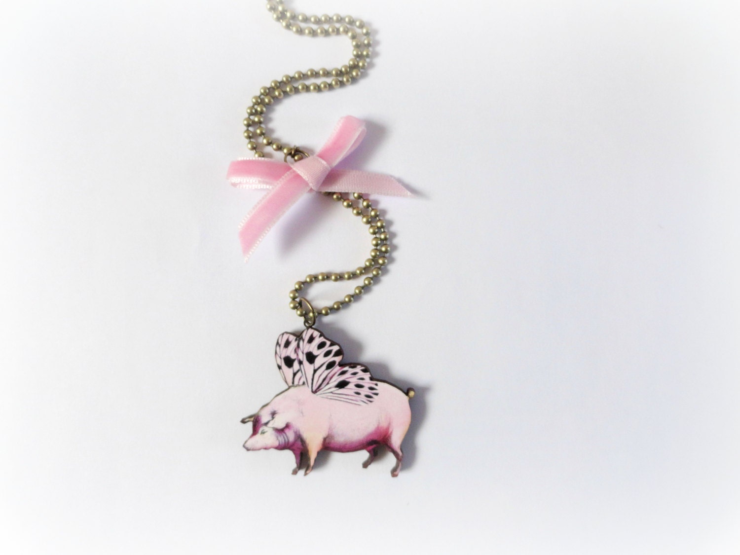 Butterpig necklace - Flying pig Wood pendant pink black butterfly wings pink velvet bow  Woodland jewelry Nature lover eco fiendly