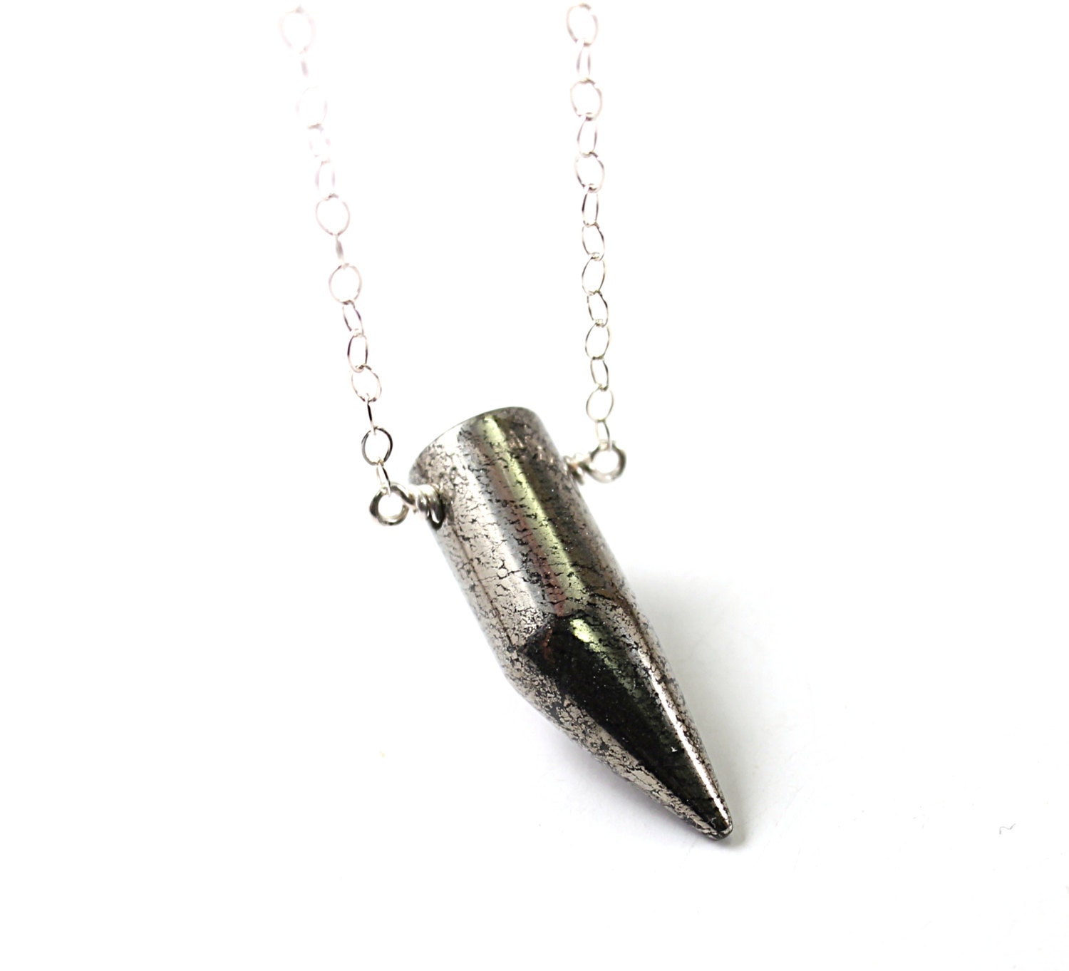 Sterling silver necklace: pyrite horn natural stone jewelry bullet pendant gray