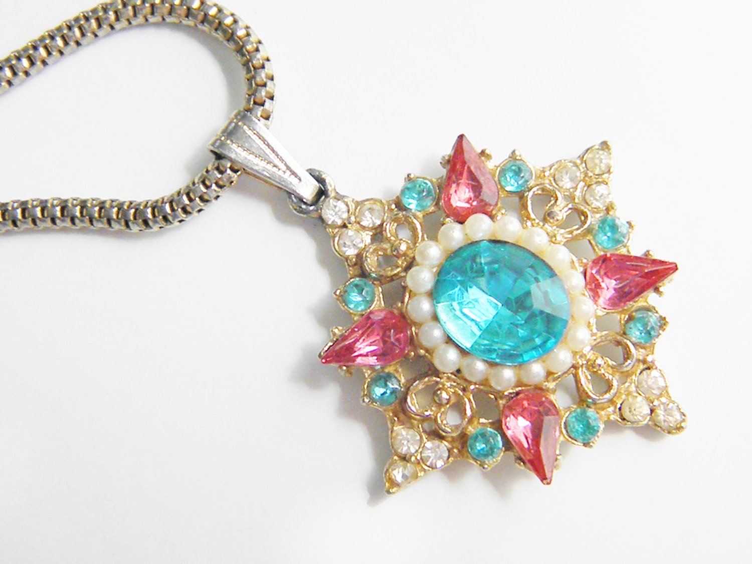 Vintage Pink Blue Rhinestone Pendant Necklace 60s