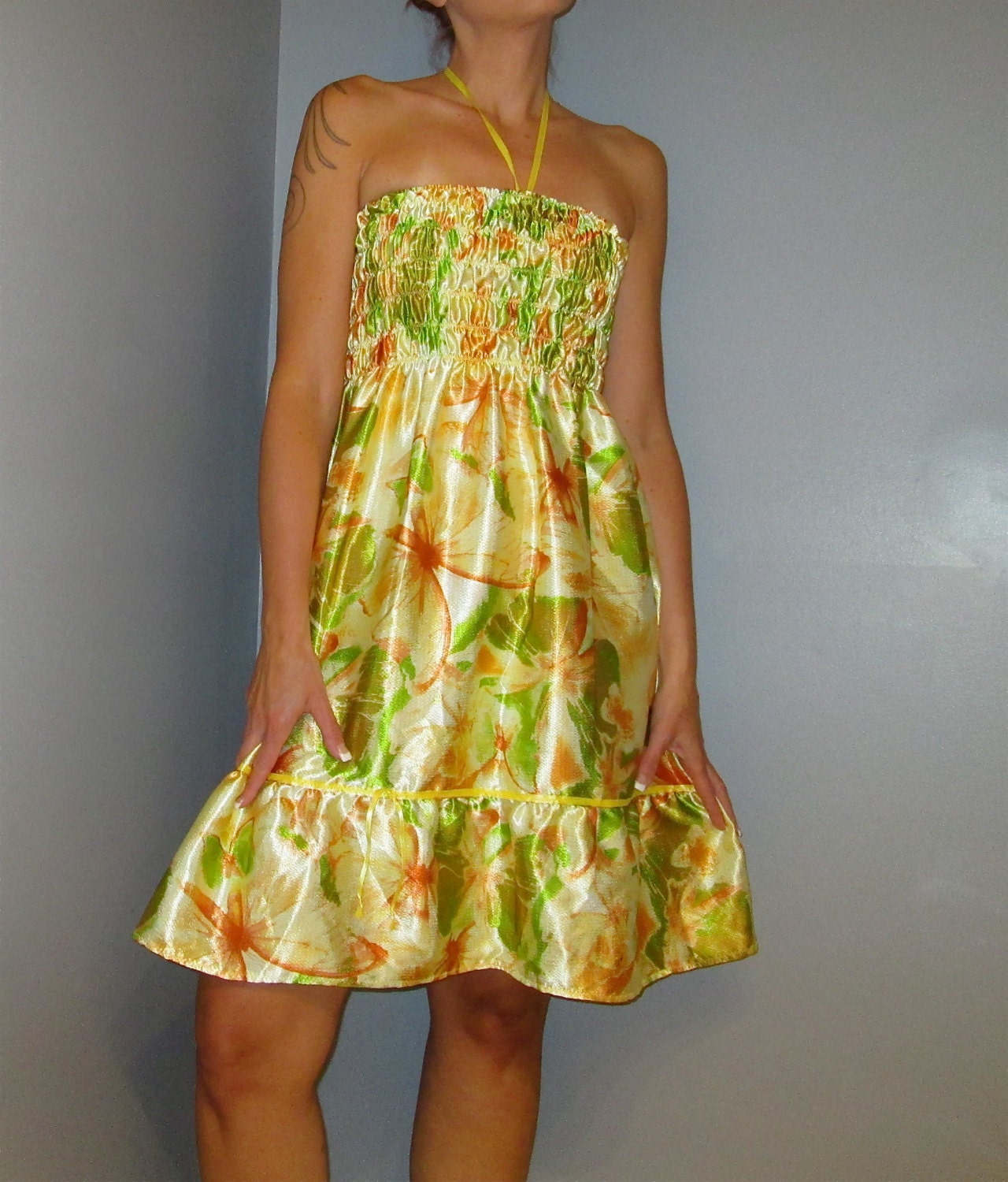 yellow butterflies - satin summer dress