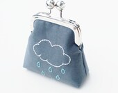 Linen Coin Purse, Embroidered Rain Cloud Change Pouch, Grey, White and Mint