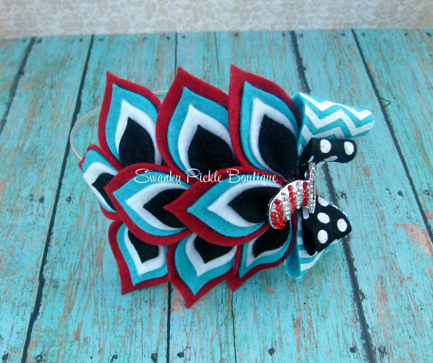 Turquoise & Red Wool Felt Dahlia Flower Headband - Dr. Seuss Cat in Hat Color Scheme - Toddler - Girl - Teen - Adult - Photo Prop