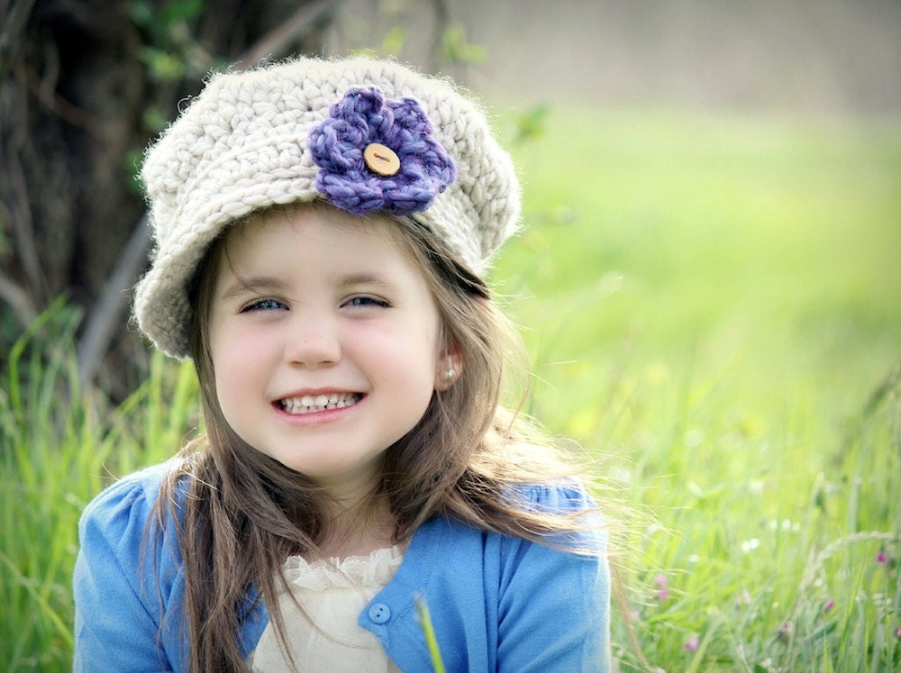 Childrens Hat, Crochet Hat with Flowers, Newsboy Hat, Spring Fashion