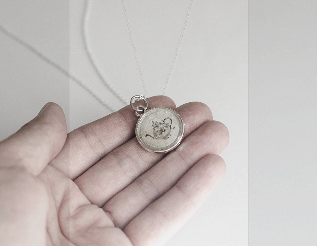 Teapot Necklace- Bezel Resin Charm Jewelry- Sterling Silver Chain- Gift Idea for Tea Lovers