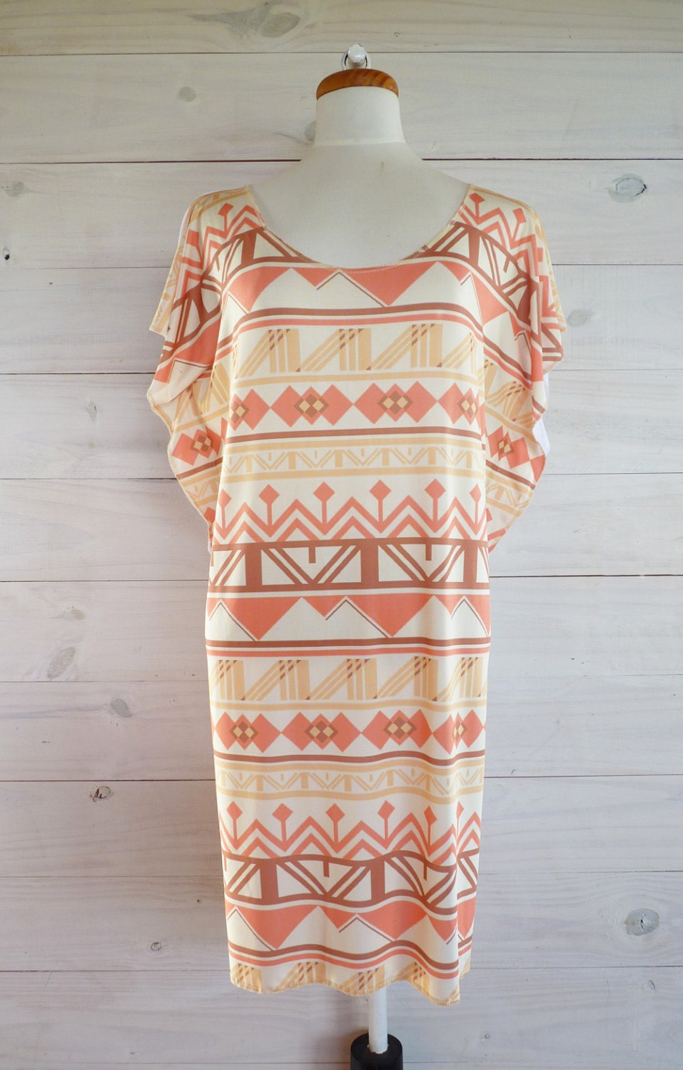 Coral Tunic dress, stripes chevron ethnic style, tribal printed design, short batwing sleeves by Texturable