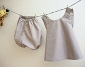 Pinafore dress with bloomers for little girl, outfit, pure cotton, white with little fine brown stripes, 12 months, made to order - robedellarobi
