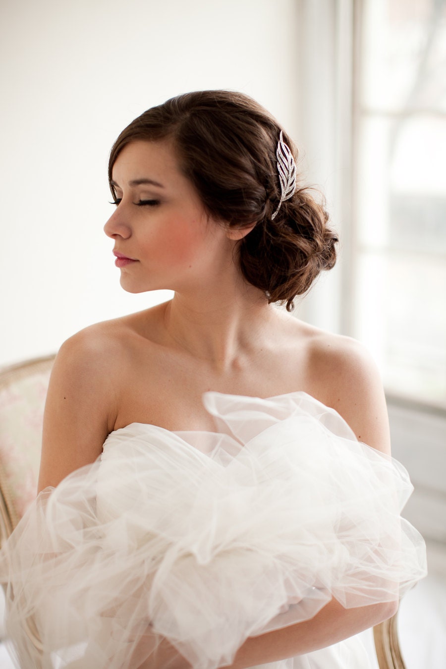 Feather Rhinestone Bridal Comb, Leaf Rhinestone Bridal Comb, Rhinestone Headpiece - Athena  MADE TO ORDER