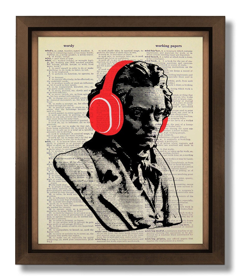 Music Print - Beethoven in Headphones - ORIGINAL ARTWORK Hand Painted Mixed Media art print on Vintage Dictionary page, Dictionary art