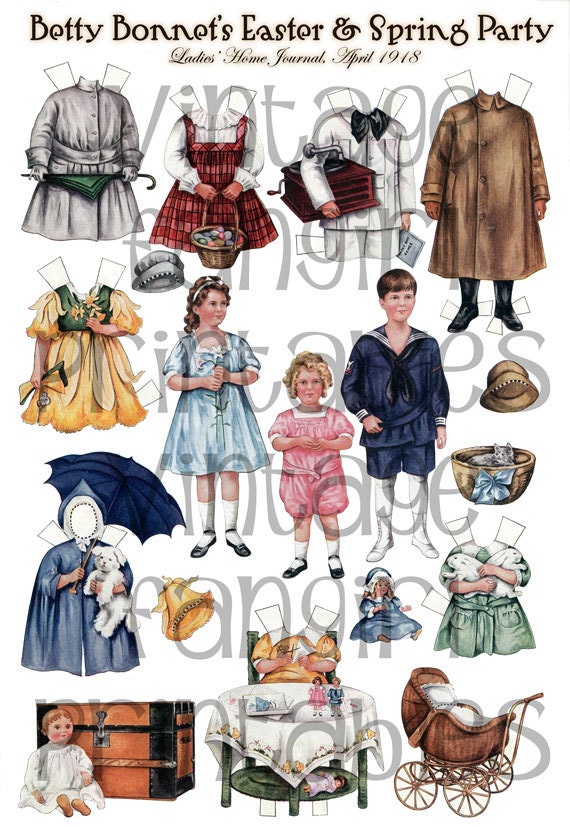 Vintage Easter Paper Dolls from 1918 Digital Download for Altered Art, Kids Crafts, and Collage