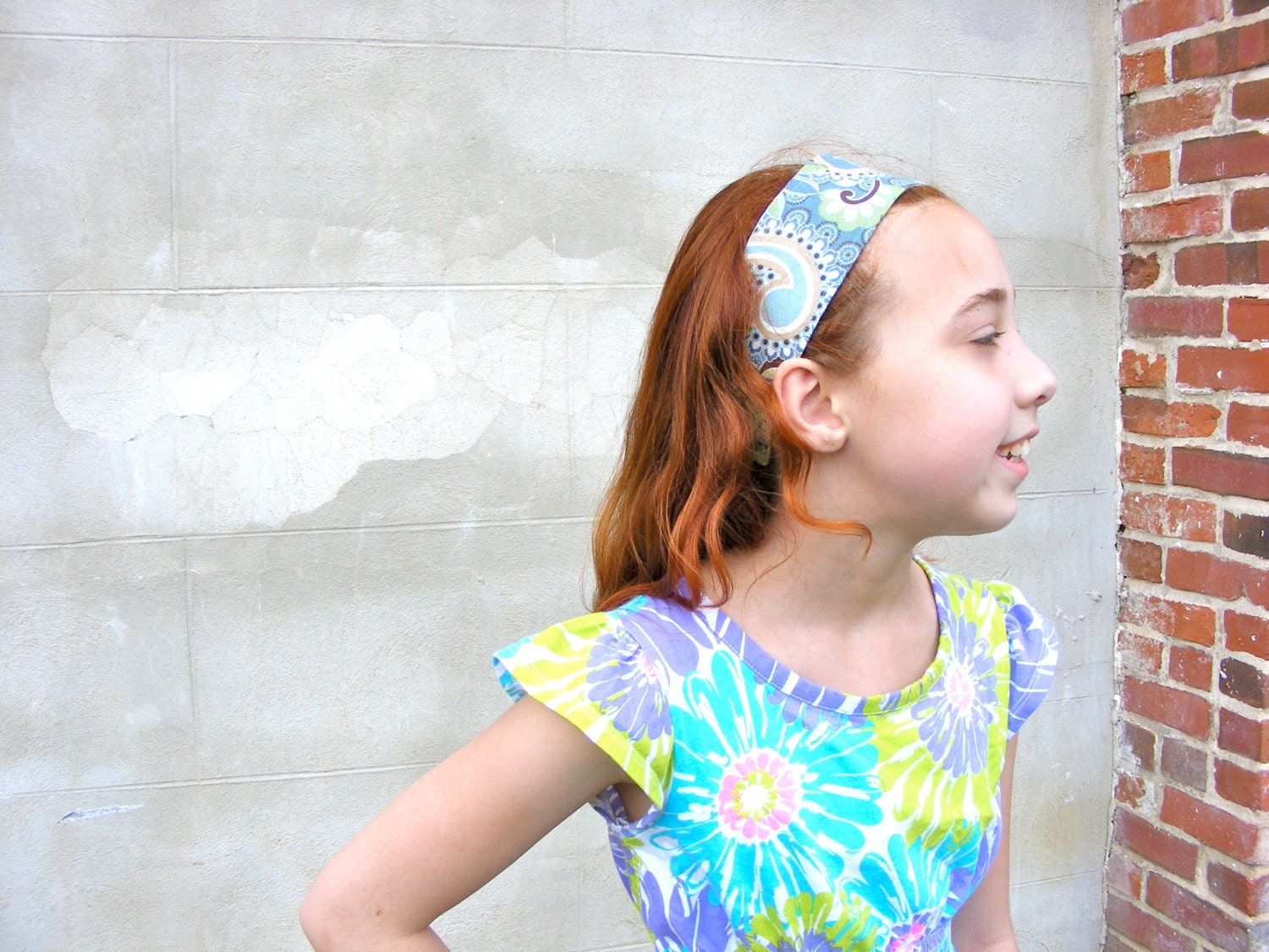 Paisley and Swirls Reversible Headband, Blue, Green and Yellow Girls Fabric Cotton Summer Hair Wrap
