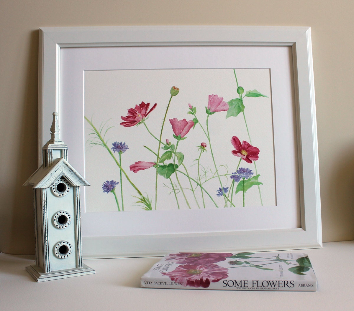 Wildflowers Watercolor Painting - Large Art Print, Pink, Blue, Red Flowers, Botanical, Floral, Garden, Spring, Wildflower Painting