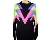 1980s Meister Neon Geometric Sweater - Wool Blend - Black Neon - Oversized Sweater - Size XL
