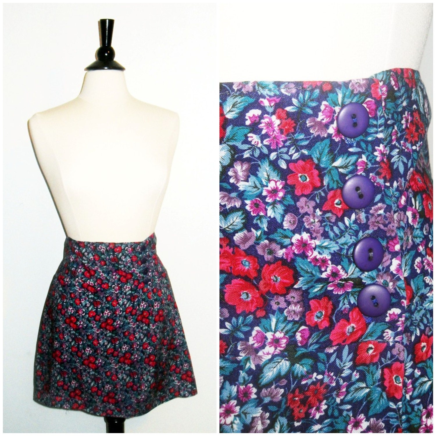 Upcycled Vintage Floral Mini Skirt with Red Flowers and Purple Buttons Unique Eco Fashion Reengineered Clothing