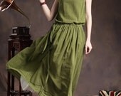 Silk Hemp Sundress in Olive Green / Maxi Green Dress / Cocktail Formal Dress - Custom - camelliatune
