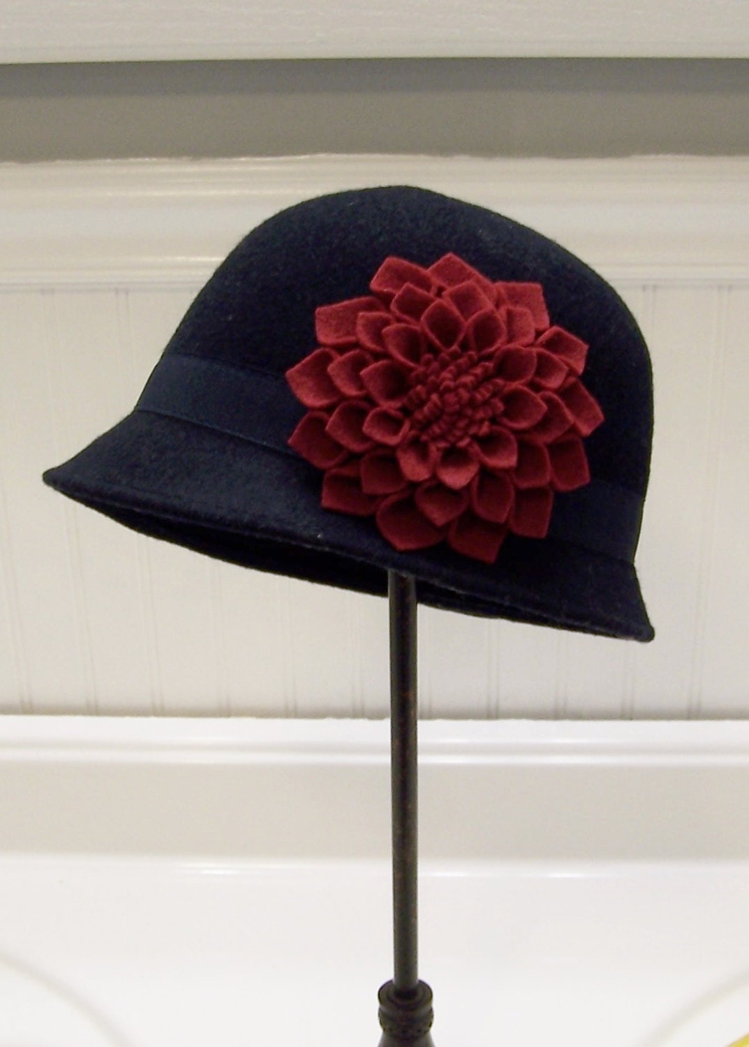 Felt Dahlia Flower in Ruby Red- Hat Pin. Hair Clip. Headband. -Made to Order