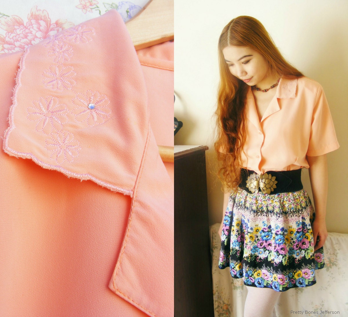 80s does 50s - peach blouse with embroidery and rhinestone details / short sleeves / lapel collar / secretary blouse (M/L)