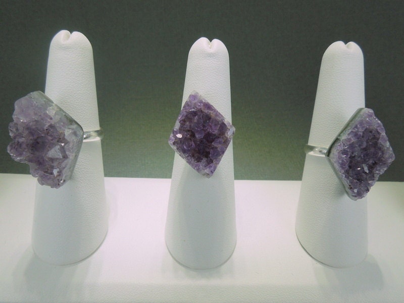 Raw Amethyst Druzy Drusy Druzzy Cluster Diamond Shape ring on an adjustable silver layered band