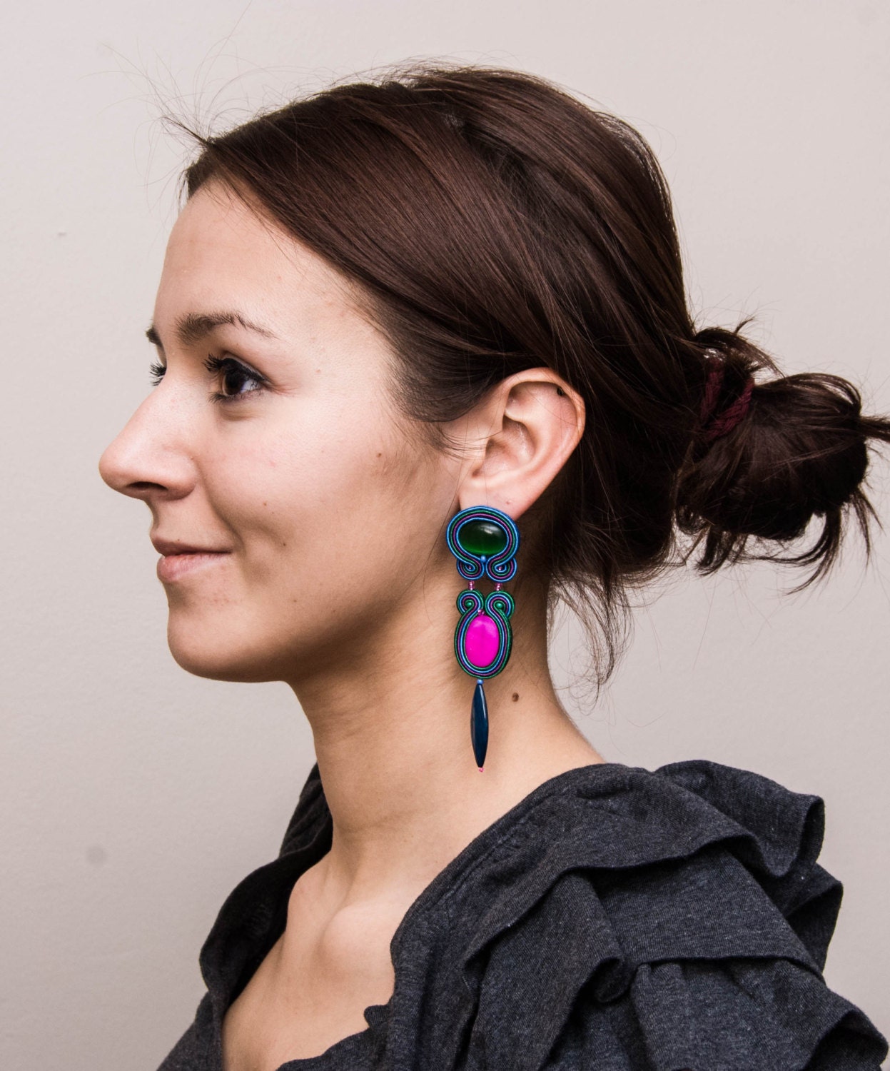 Emerald green & fuschia long bold earrings with soutache, sterling silver ear studs