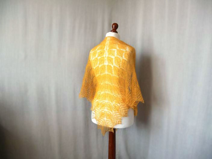 Hand knit  mohair shawl - Shawl in orange mustard