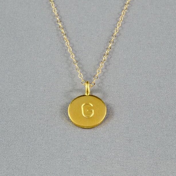 CUSTOM - Hand Stamped Disc Necklace, Initial Letter on Gold Vermeil Disc, 14K Gold Filled Chain, Personalized Necklace, FREE Birthstone