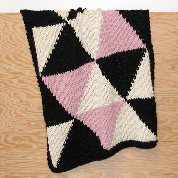 Knitted Triangle Throw or Baby Blanket in Black/Cream/Dusty Pink