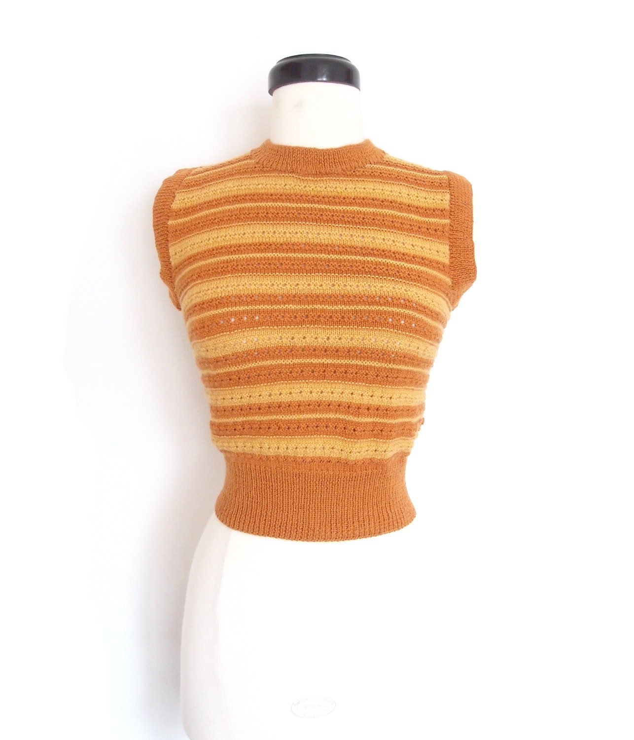 Vintage 1940 Handknit sweater art deco stripped open knit short sleeves handmade jumper pin-up ww2