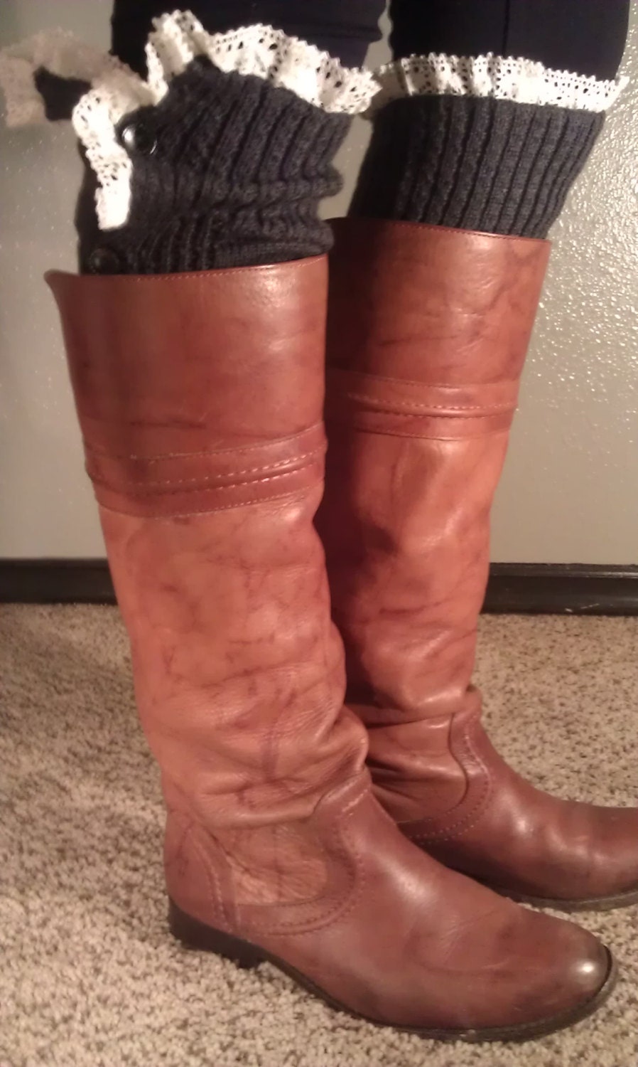 Super cute Leg warmers Charcoal Gray with Lace Boot by LacieGirl