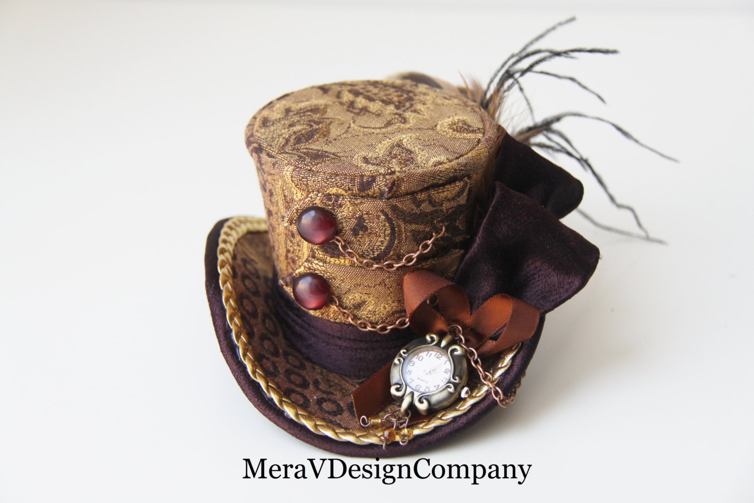 Brown Gold Mini Top Hat, Steampunk, Women Headpiece, Bridal Hat, Party Hat, Mad Hatter Hat, Working Clock, Victorian  Ready To Ship - MeraVDesignCompany