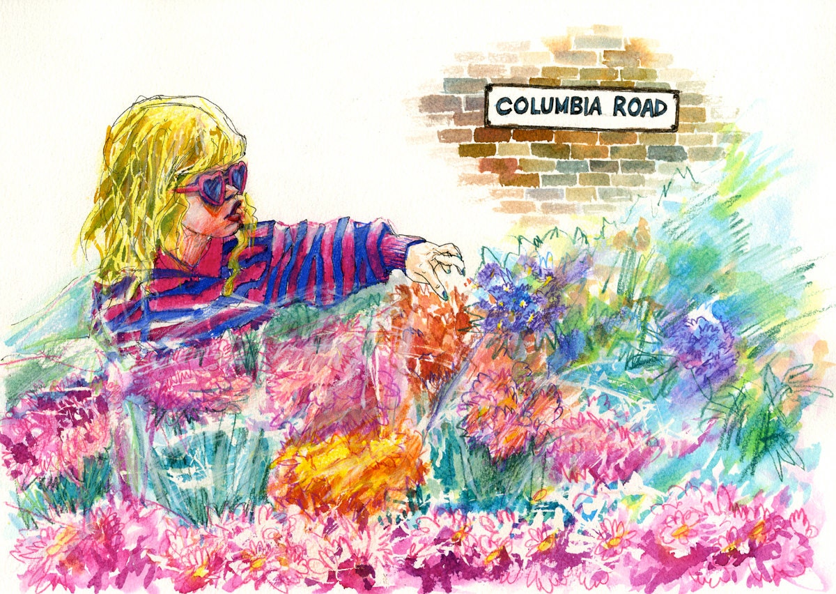A3 Print Illustration  - Little Girl Shopping at Columbia Road Flower Market