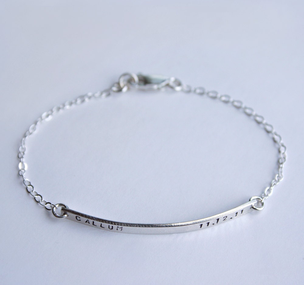 Sterling silver personalized skinny bar bracelet - Nameplate bracelet  with tiny font - Initial name date memory bracelet