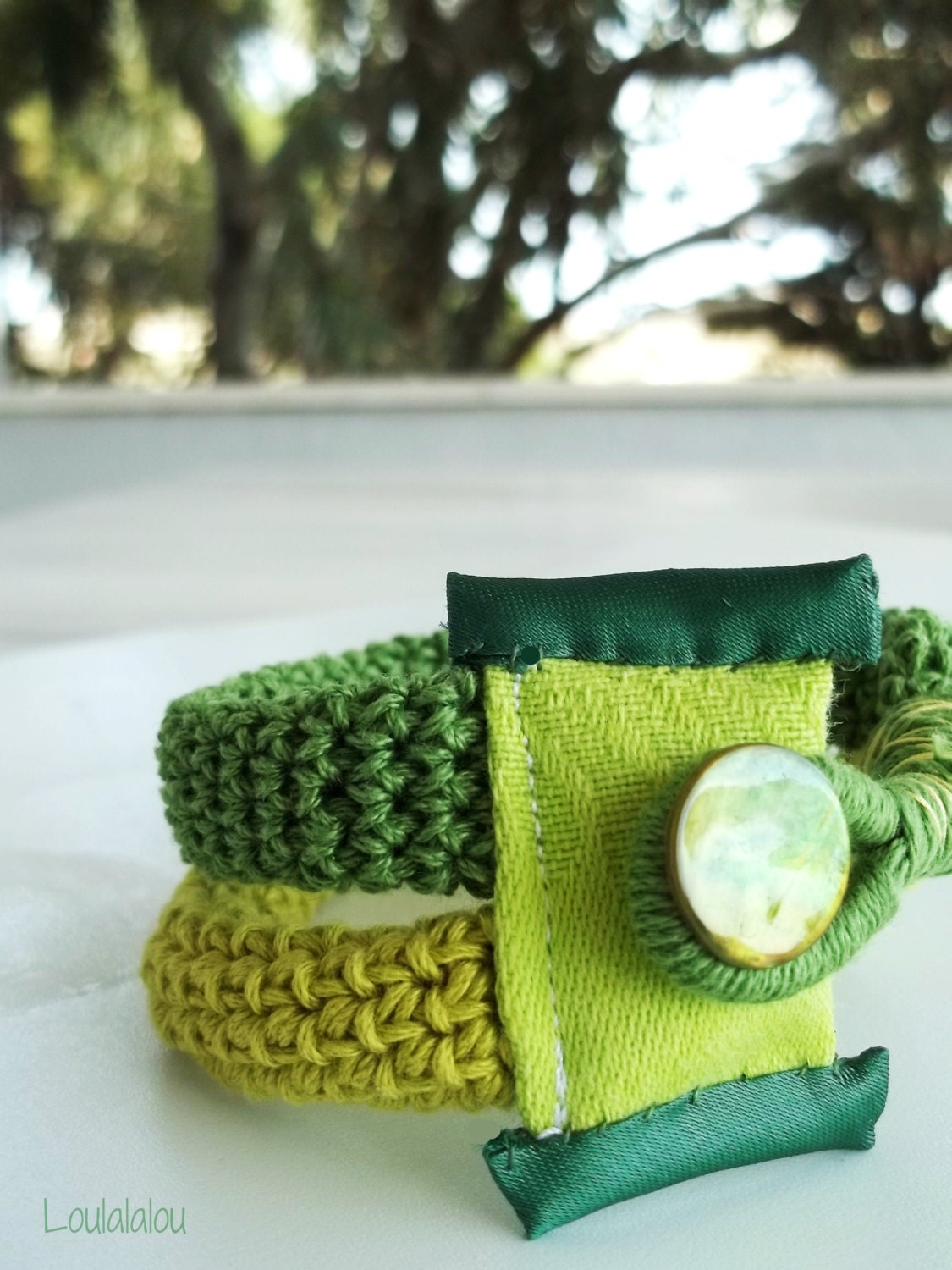 Textile bracelet - green jewelry, crochet cuff with fabric and green ivory button
