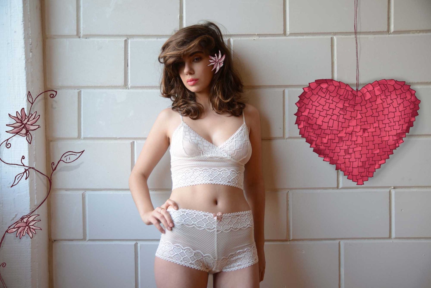 Lace Heart Lingerie Set // White Lace Soft Bra and Panties