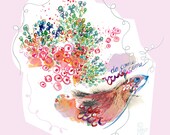 Do Come// 8x10 fine art giclee print, lyrics songbird floral flower garden field tree red pink heart blue